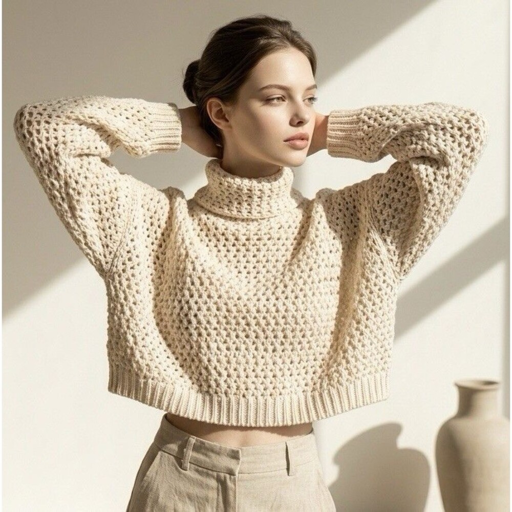 Free People Women’s M Boxy Oversized Sweater Beige Cropped Turtleneck Cotton